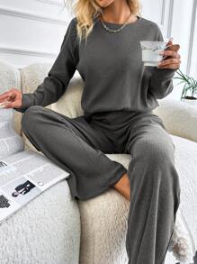 EURMUSE Women's Drop Shoulder Top And Pants Two Piece Set - Grey - View 3