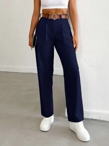 EURMUSE Pantalones rectos, sueltos y plisados de unicolor para uso diario y casual de las mujeres - Azul Marino - Ver 3