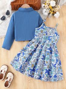 2pcs Young Girl Casual Front Button Closure Long Sleeve Top And Dress Set