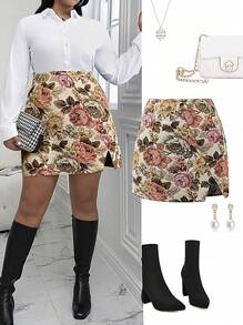 Celure 大码女式优雅抽象绘画印花纹理面料简约时尚浪漫淑女百搭不对称下摆裙子，适合休闲、通勤、约会和旅行、春秋季 - 彩色 - 查看 1