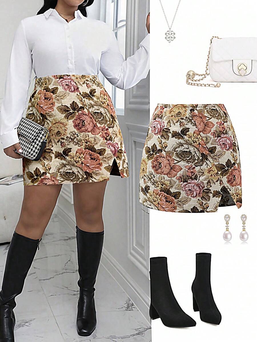 Celure 大码女式优雅抽象绘画印花纹理面料简约时尚浪漫淑女百搭不对称下摆裙子，适合休闲、通勤、约会和旅行、春秋季 - 彩色 - 查看 1