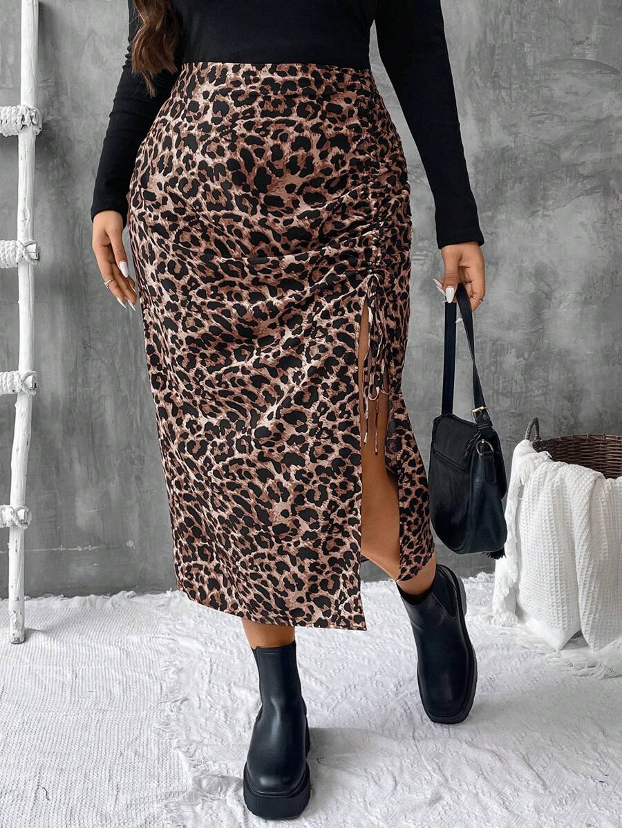 SHEIN VCAY 大码豹纹系带开衩下摆休闲半身裙