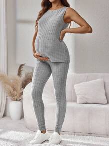 SHEIN 3-Piece Set: Knit Solid Ribbed Tank Top Cardigan & Wide Leg Pants - Light Grey - View 5