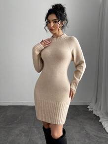 Chiquease 高领修腰紧身针织连衣裙 - 杏色 - 查看 3