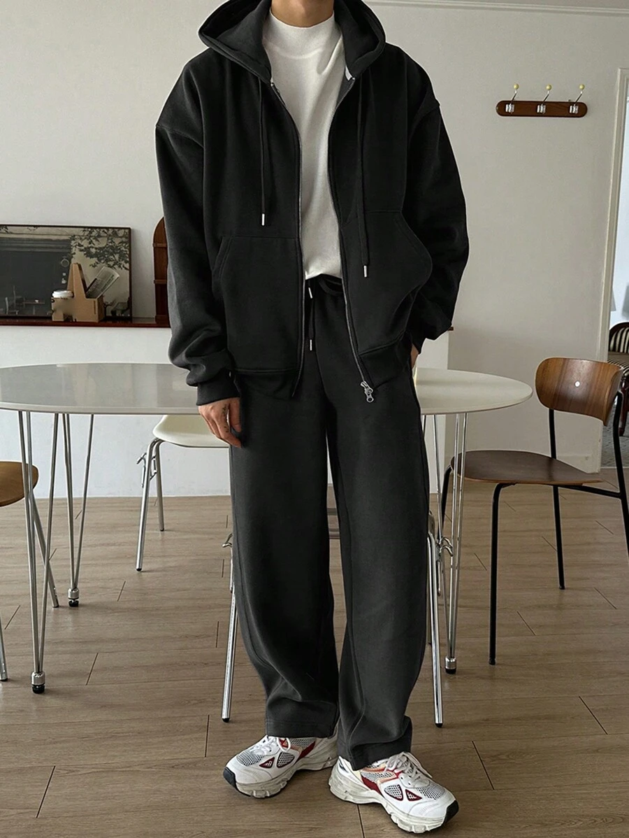 DAZY 2 件男士纯色前拉链连帽衫和长裤套装，简约秋冬 - 黑色 - 查看 1