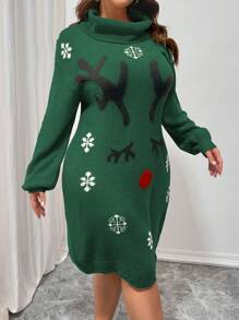 SHEIN LUNE Plus Size Christmas Reindeer Pattern Batwing Sweater Dress For Winter - Green - View 6