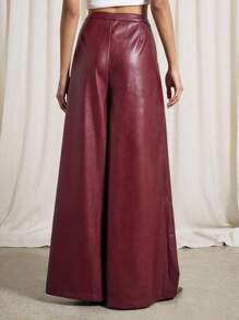 AiiRZ PU 飘逸褶皱阔腿裤 - 紅色 - 查看 2
