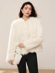 EastFlair 女士白色蓬松大衣，冬季 - 白色 - 查看 4