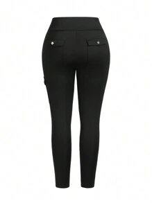 EMERY ROSE 大码女式时尚纯色口袋设计紧身裤 - 黑色 - 查看 2