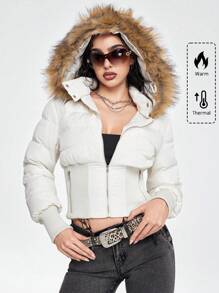 ROMWE Grunge Punk Áo khoác trùm đầu có mũ trùm đầu Snow Y2K Gyaru gợi cảm cho nữ - Màu be - Xem 1