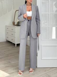 EURMUSE Grey Long Jacket And Straight Pant Two Pieces - Grey - View 5