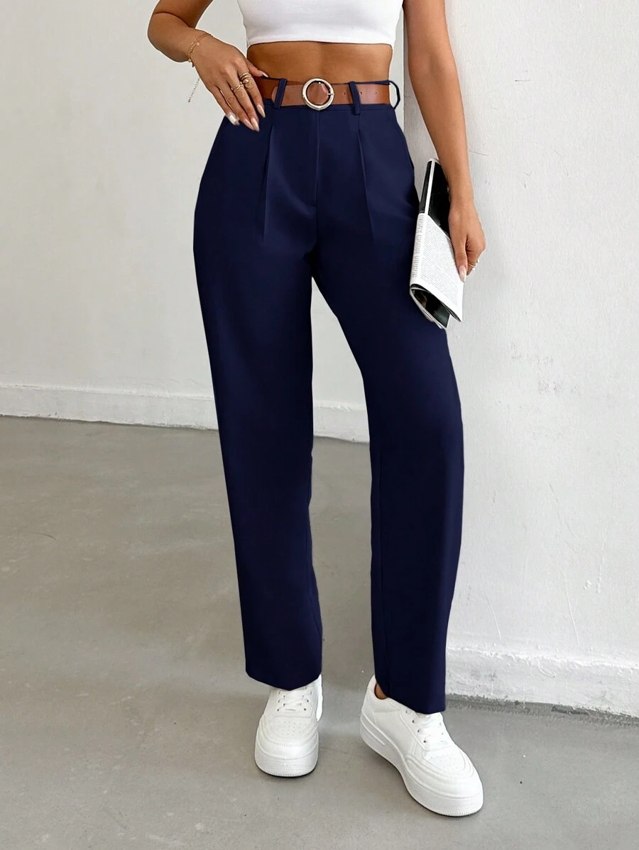 EURMUSE Pantalones rectos, sueltos y plisados de unicolor para uso diario y casual de las mujeres - Azul Marino - Ver 1