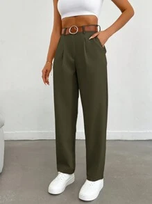 EURMUSE Quần dài đơn sắc xếp ly thẳng rộng rãi thường ngày đi làm hàng ngày cho nữ - xanh quân đội - Xem 5