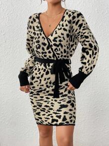 Chiquease Fashionable Leopard Print Knit Long Sleeve Tie Waist Sweater Dress - Multicolor - View 4