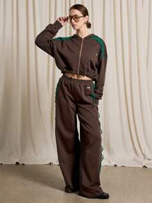 AiiRZ Lace Trim Crop Zip Up Hoodie And Wide Leg Trouser Set