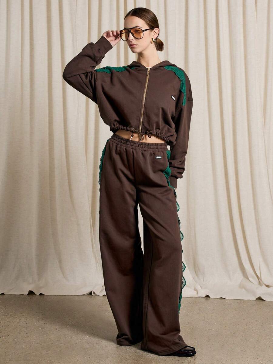 AiiRZ Lace Trim Crop Zip Up Hoodie And Wide Leg Trouser Set