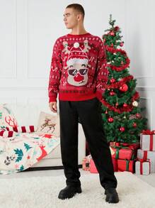 Manfinity VCAY Unisex Deer & Fawn Pattern Loose Raglan Crew Neck Pullover Sweater, Suitable For Christmas, For Fall Winter - Red - View 4