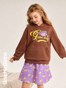 Tween Girls Graphic Print Long Sleeve Hoodie Sweatshirt And Ruffle Hem Mini Skirt 2 Pieces Set, Casual, Autumn/Winter - Multicolor - View 5