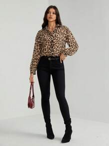 SHEIN Tall Camisa de mujer de lino, camisa de manga larga de unicolor, uniforme escolar francés, uniforme de maestro, estampado de guepardo y leopardo para mujeres en otoño