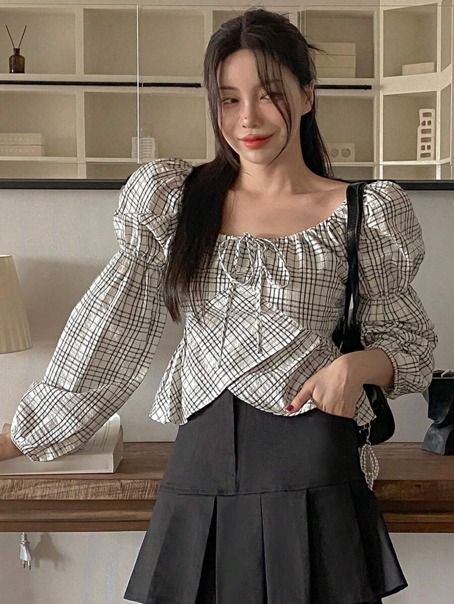 DAZY Blusa casual de manga larga con nudo delantero a cuadros para mujer, use diaria