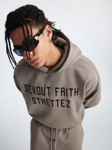 Manfinity VCAY Men's English Letter Print Loose Knit Long Sleeve Sweatshirt Set, For Fall Winter - Khaki - View 4