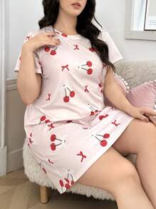 Plus Size Casual Cherry Print Short Sleeve Nightgown