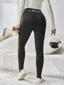 SHEIN 孕妇休闲字母印花高腰紧身裤 - 黑色 - 查看 1