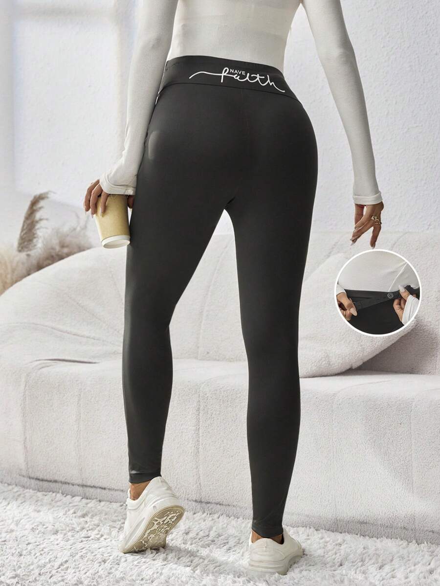 SHEIN 孕妇休闲字母印花高腰紧身裤 - 黑色 - 查看 1