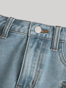 SHEIN 少女休闲牛仔裙，简约时尚日常穿着 - 淺色水洗藍 - 查看 4