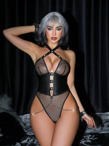 异域朋克风铆钉扣链条网眼连体衣，皮革材质，性感