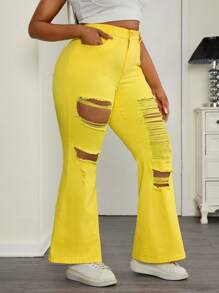 SHEIN ICON Plus Size Plain Distressed Fitted Flared Leg Jeans - Yellow - View 6