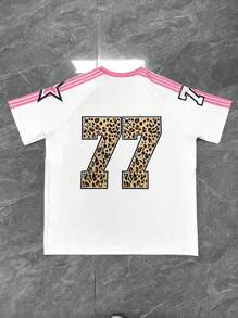 INAWLY Women's Fashionable Colorblock Leopard Print Number Graphic T-Shirt Graphic Cheetah Print Tees Women Tops