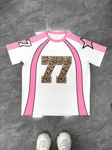INAWLY Women's Fashionable Colorblock Leopard Print Number Graphic T-Shirt Graphic Cheetah Print Tees Women Tops