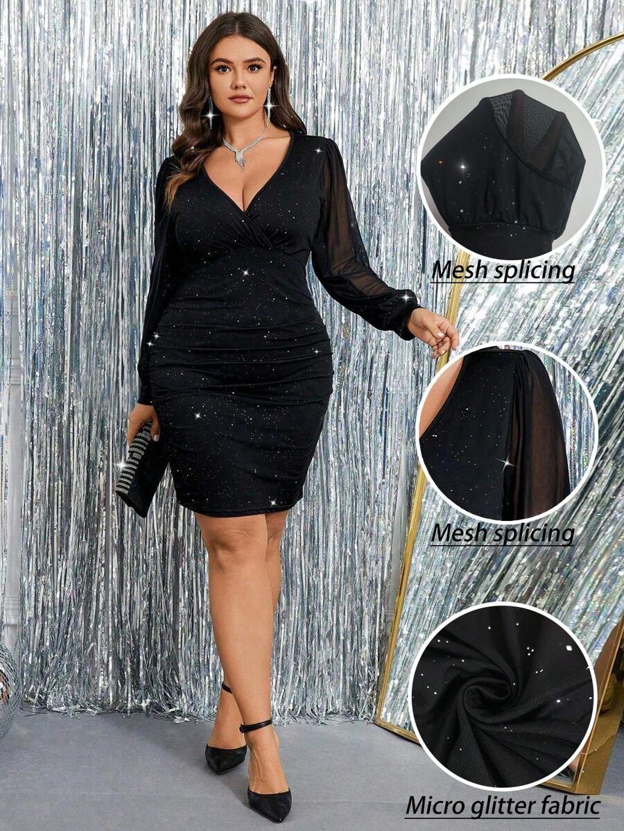 Rometta 大码女式闪亮 V 领网纱灯笼袖褶皱修身优雅连衣裙 - 黑色 - 查看 1