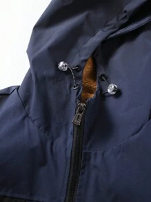 Manfinity Homme Men's Autumn/Winter Color Block Cargo Pockets Thermal Lined Hooded Jacket - Navy Blue - View 3
