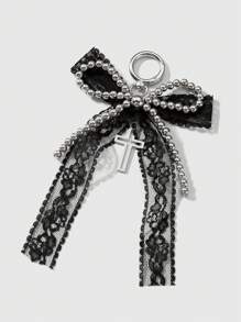 ROMWE Kawaii 1 chiếc Y2K phong cách Gothic đính hạt thủ công CCB bạc, nơ lưới ren đen, mặt dây chuyền hình thánh giá rỗng móc khóa túi xách, phù hợp cho phụ nữ/bé gái mặc hàng ngày, quà tặng ngày lễ tình nhân, Halloween - màu đen - Xem 3