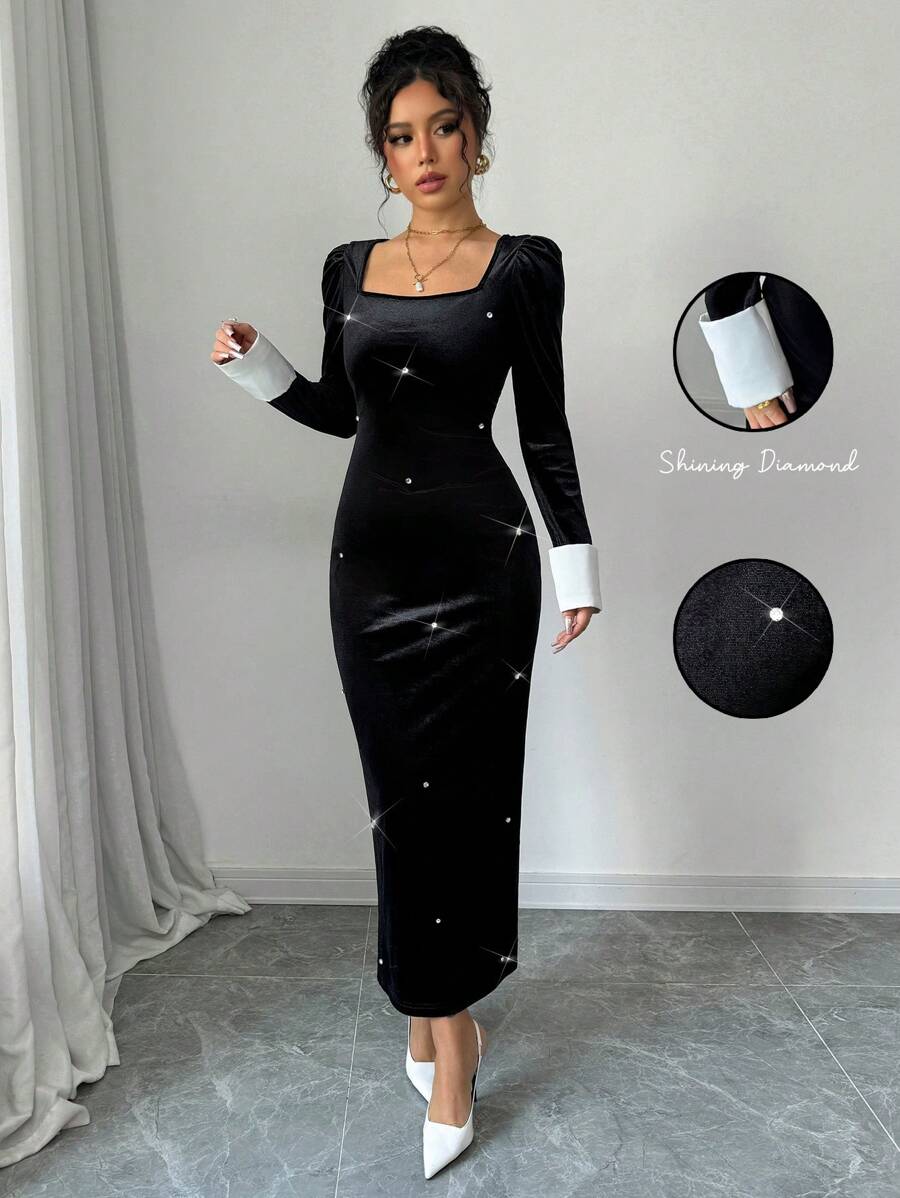 Elenzga 女士优雅撞色串珠长袖方领连衣裙长款女装