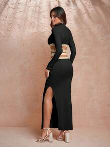 Keraye London Soft Lux Collection Váy đen thanh lịch cổ lọ dệt kim thiết kế, cho ngày lễ, đêm tiệc, trang phục hòa nhạc sinh nhật, lễ hội, trang phục lễ hội rave, đám cưới, váy dạ hội - màu đen - Xem 2