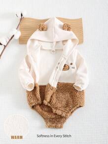 Cozy Pixies 新生儿男女宝宝可爱卡通熊图案撞色连帽长袖抓绒连体衣，保暖休闲，百搭实用，适合冬季、室内、室外、节日、圣诞节、雪天、新年等多种场合。