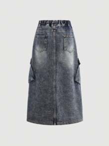 SHEIN Jupe longue cargo en denim avec poches à rabat, taille réglable par cordon, style rétro lavé, pour les jeunes filles Y2K - Jean brut - Voir 2