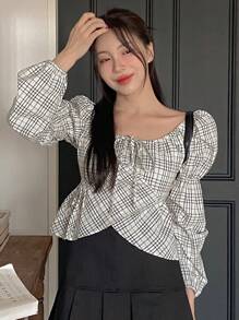 DAZY Blusa casual de manga larga con nudo delantero a cuadros para mujer, use diaria