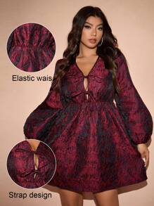 SHEIN Unity 大码优雅高端系带宽松 A 字型浪漫提花女士派对礼服，情人节勃艮第色女士装 - 酒紅色 - 查看 1