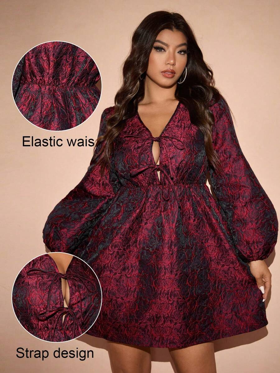 SHEIN Unity 大码优雅高端系带宽松 A 字型浪漫提花女士派对礼服，情人节勃艮第色女士装 - 酒紅色 - 查看 1