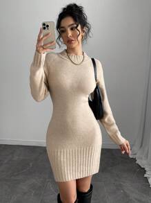 Chiquease 高领修腰紧身针织连衣裙 - 杏色 - 查看 5