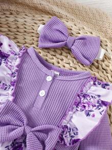 SHEIN Baby Girl Purple Round Neck Waffle Stitching Ruffled Floral Jumpsuit With Headband, Cute Elegant Outfit Suitable For Outdoor, Play, Party & Events, Spring/Autumn - Purple - View 4