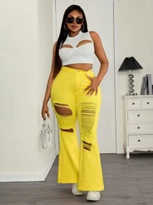 SHEIN ICON Plus Size Plain Distressed Fitted Flared Leg Jeans - Yellow - View 4
