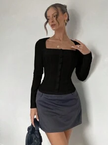 Roylia Niche Design Slim Fit Long Sleeve Square Collar Blouse