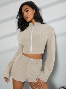 Hauture 2pcs Women's Solid Color Collared Short Top And Shorts Set