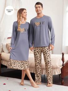 Leopard Print Letter Graphic Pullover Pajamas Set - Long Sleeve Top And Pants For Men - Dusty Purple - View 3