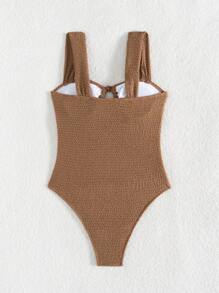 Women Solid Color Textured Fabric Summer Beach Body Fitted Backless One-Piece Swimsuit - Rust Brown - View 4